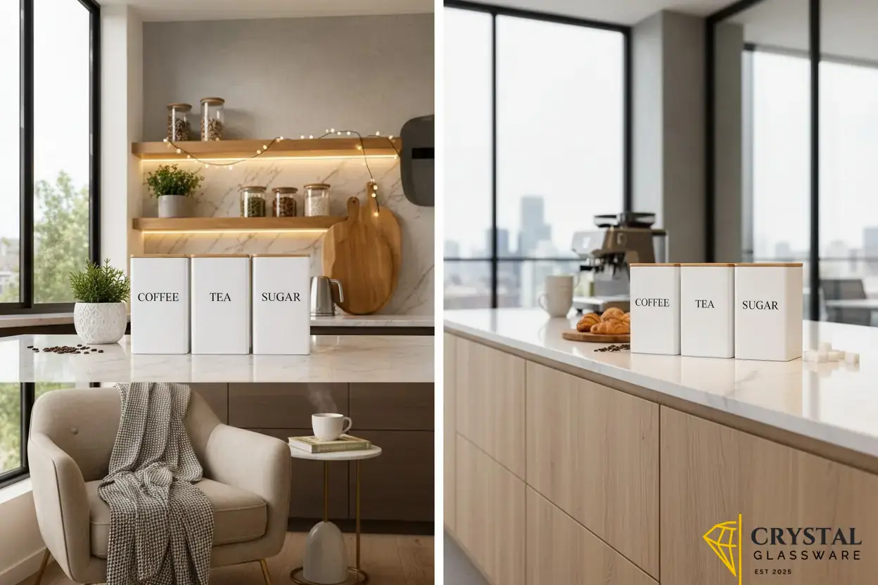 Shoxil white canisters are made of powder-coated steel with airtight bamboo lids